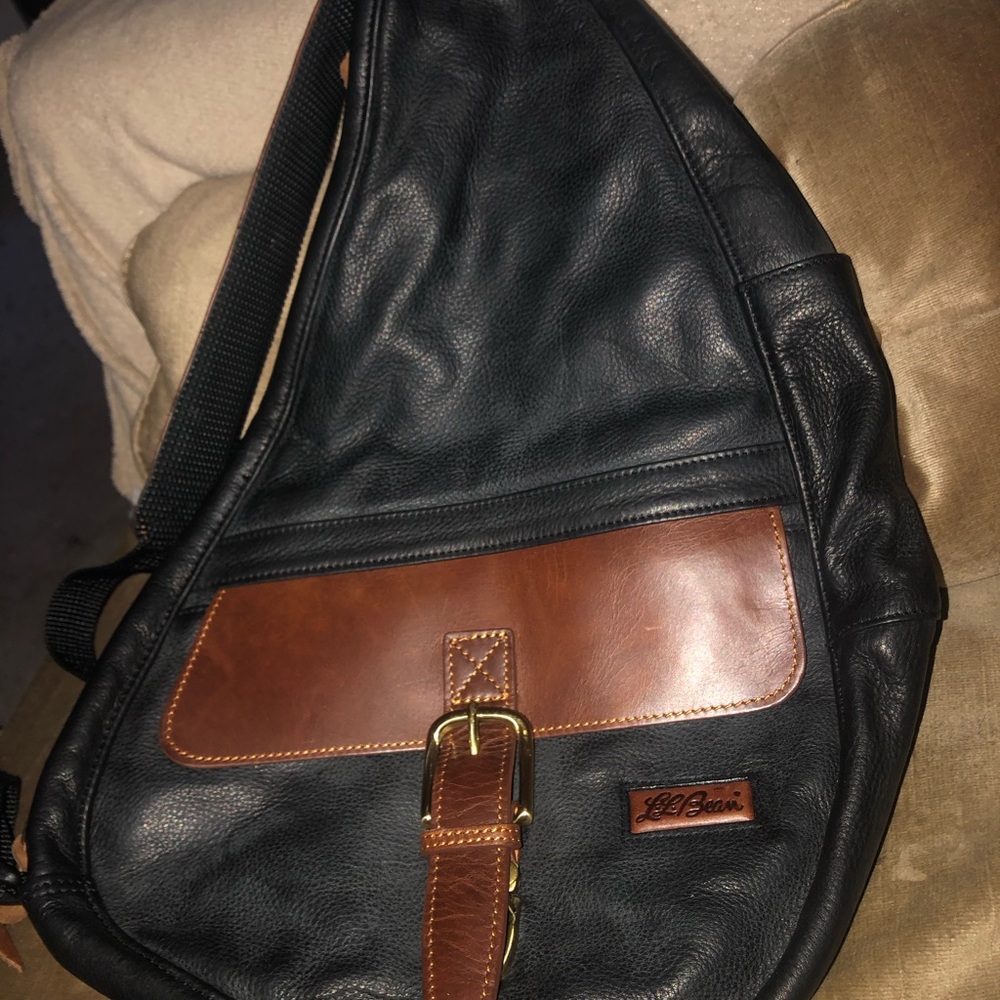 L.L. Bean Black Leather Sling Bag with Brown Accent
